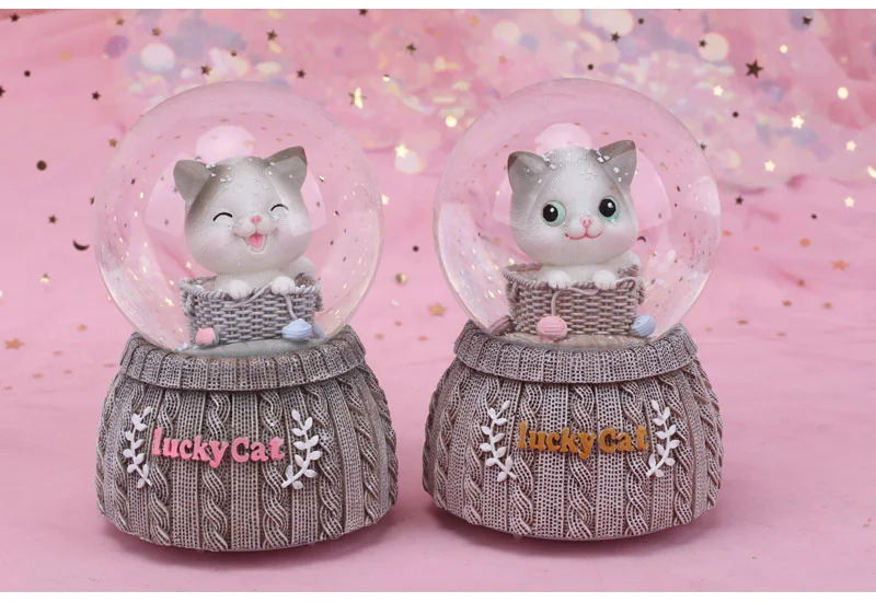 Lucky Cat хрустальный шар статуэтки Миниатюрная модель украшения дома аксессуары мультфильм кошки орнамент Музыкальная Шкатулка Свадебный декор ремесло