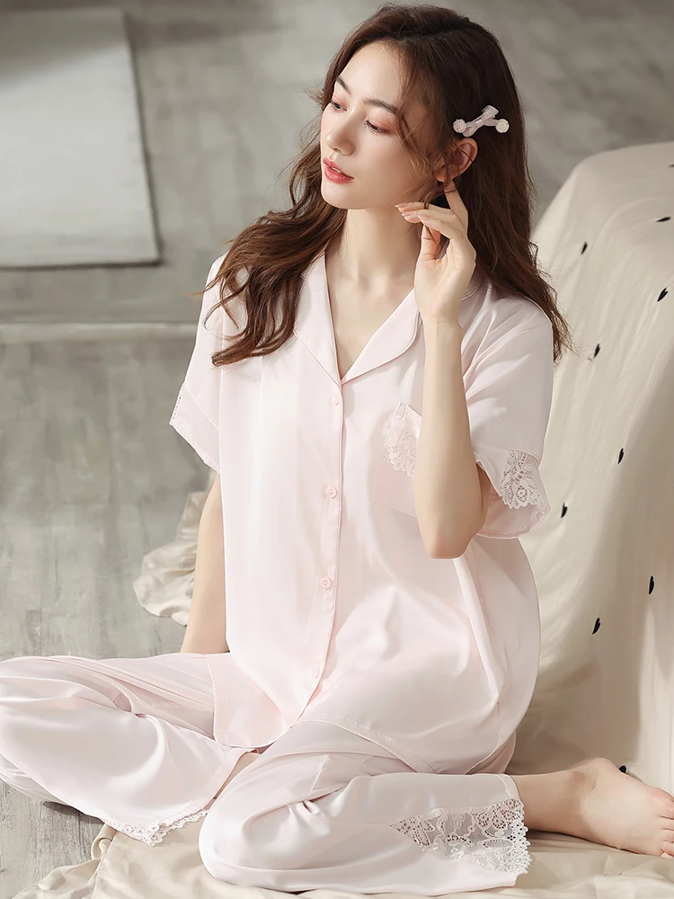 2021 New Summer Ice Silk Pajamas Set for Women Short-sleeve Pyjamas Suit Home Clothes Sleepwear Female Summer Short Pijama Mujer