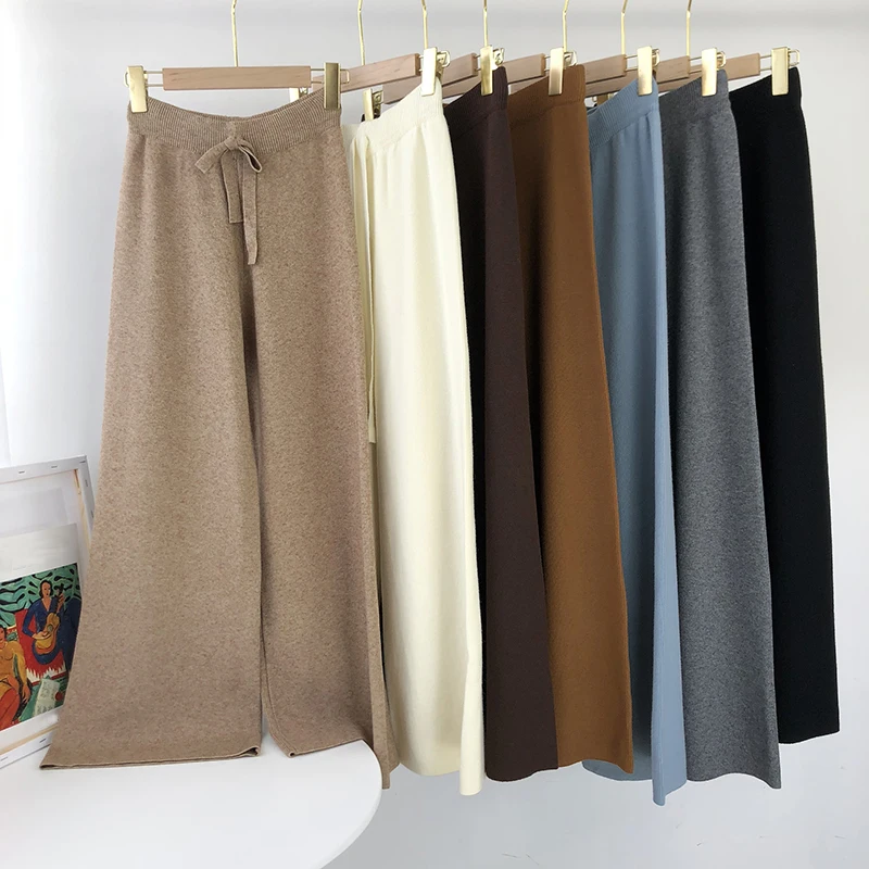 Aachoae 2020 Lady Solid Knit Pants Loose Wide Leg Long Length Pants Female Drawstring Casual Office Home Wear Trousers Pantalon