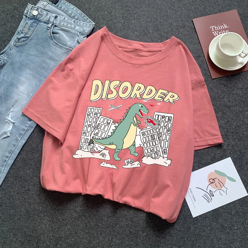 95% Cotton summer Ins Hot Plus Size women t-shirts harajuku Korean Streetwear couple clothes dinosaur short Tops japanese D03