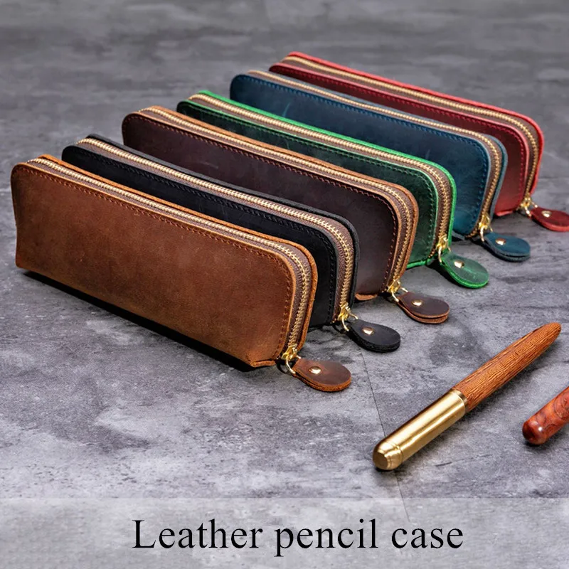 

Handmade Genuine Leather Pencil Bag Vintage Retro Cowhide Zipper Pencil Case Pouch Glasses Case Office Stationery Storage Bag