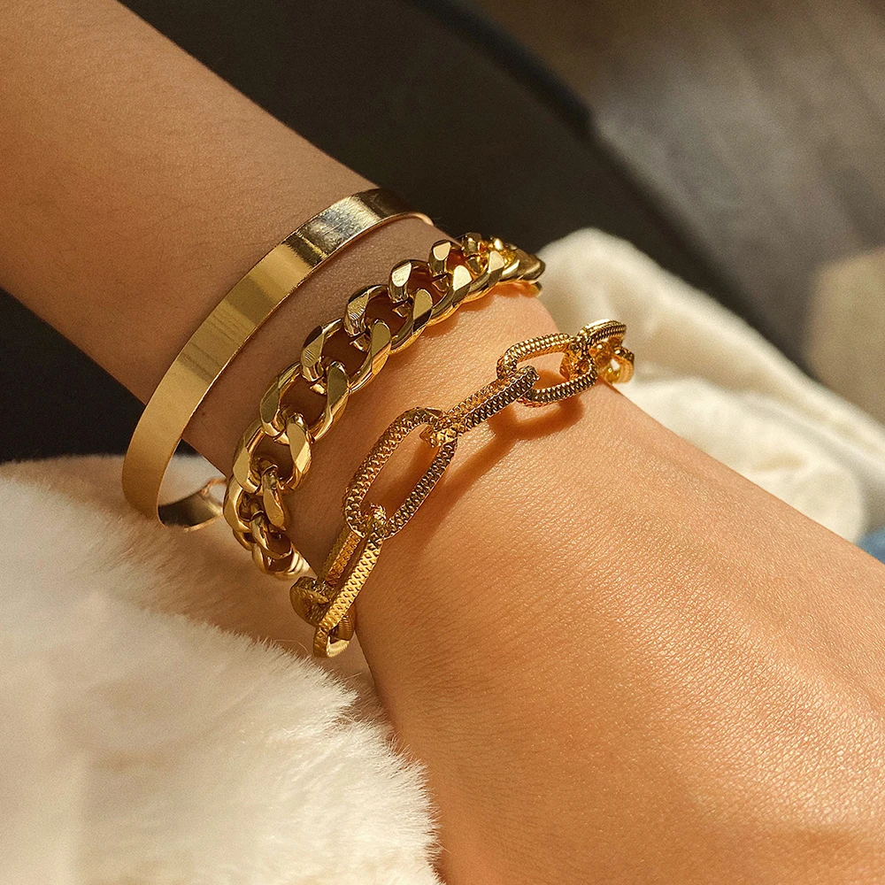 Punk Curb Cuban Chain Bracelets Set for Women Multilayer Miami Boho Thick Gold Color Charm Bracelets Bangles Fashion Jewelry