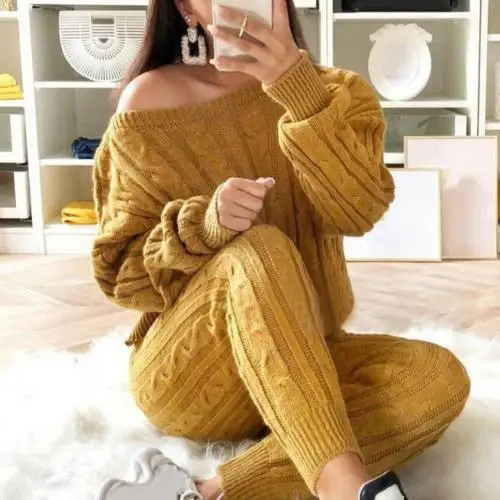 Ginger 2 шт./компл. зимние Для женщин однотонные Цвет с открытыми плечами Свитер с длинными рукавами трикотажные брюки для девочек - Цвет: Ginger