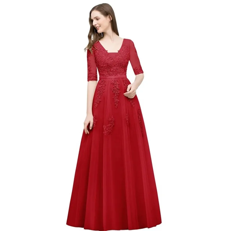 Сексуальное кружевное платье для выпускного вечера с длинным v-образным вырезом и короткими рукавами, аппликация для выпускных платьев с открытой спиной, разные цвета, Vestido de Festa Longo - Цвет: Красный
