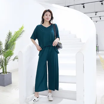 

Pajamas Female Modal Short-sleeved Nine-point Pants Suit Comfortable and Simple Large Size V-neck Home Clothes Plus Size Pajamas