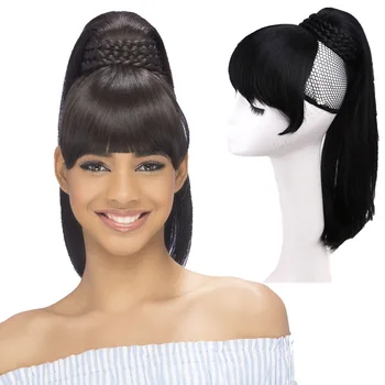 

Amir Synthetic Yaki Straight Ponytail With Bangs Clip In Hair Extension Afro Drawstring Ponytail African American 18 inches