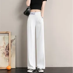 Pantalones De pierna ancha para Mujer, pantalón elegante De estilo coreano, De cintura alta, holgado y recto, color blanco, talla grande