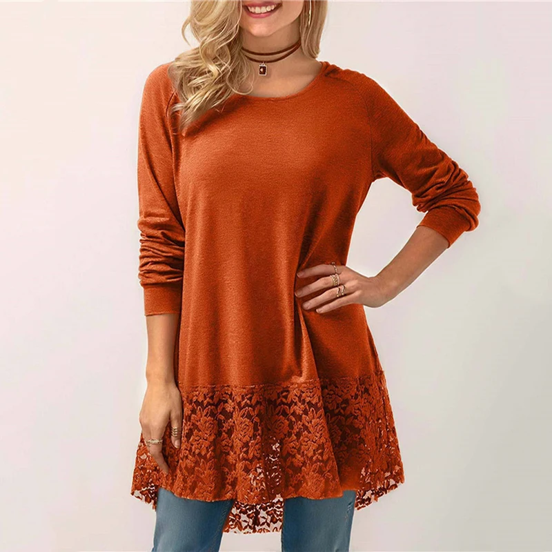

Spring Autumn O Neck Long Sleeve Women Casual Loose T-shirts Solid Color Hollow Out Fashion Patchwork Long Tops