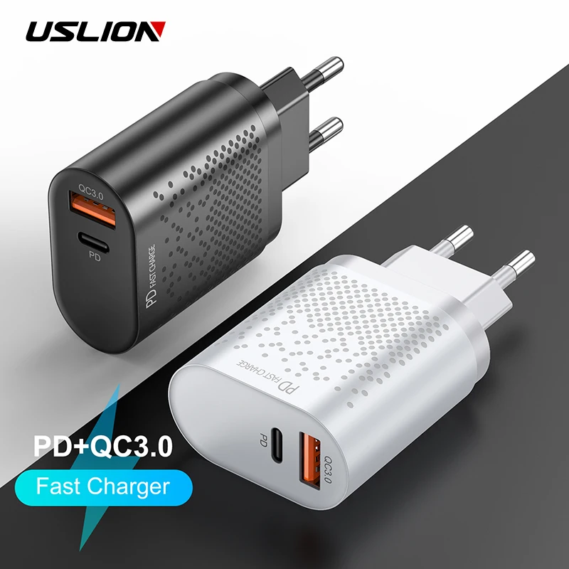USLION-cargador USB para teléfono móvil, Cargador rápido de pared de 18W, 3A, carga rápida 3,0, PD, para iPhone 12, Samsung y Xiaomi