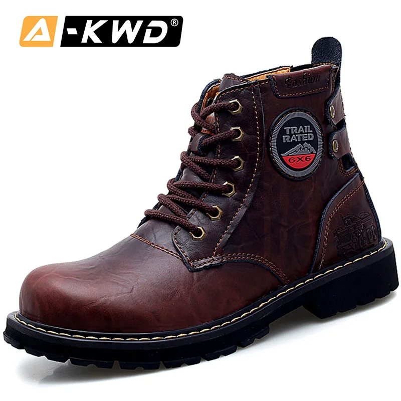 Осенняя рабочая обувь Мужская Рабочая обувь с высоким берцем темно-коричневого цвета обувь из натуральной кожи черного цвета мужская обувь, размеры 38-46 - Цвет: Dark-Brown