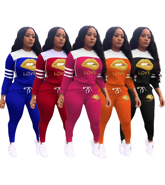 

Solid Color Letter Love & Lip Print Long Sleeves Hoodie & Drawstring Trousers New Arrival Autumn Women Tracksuit 2 Piece Set