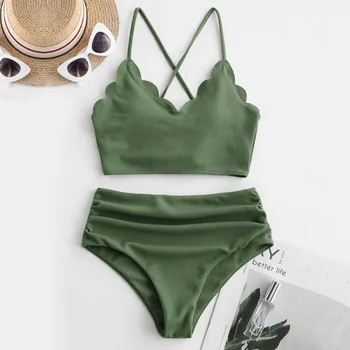 

Women Sexy Crisscross Back Solid High Waist Rib Bikini Set Two Piece Swimsuit 2020 push up sexy bikini set swimsuit female