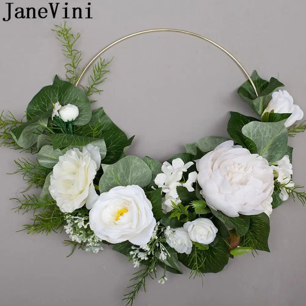 JaneVini Корея белый и зеленый букет невесты круглый Шелковый цветок Венок корзина Флер Роза Пион Свадебные букеты Свадебные украшения