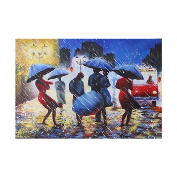 

Painting Decor Waterproof Hand-Painted Oil Painting Abstract Pedestrians in Rain Canvas Picture Wall Art Office Home Decoration