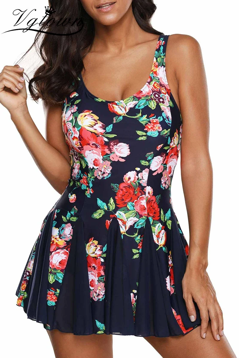 New High Cut Swimdress Plus Size 6XL Tankini Swimsuits Floral print Swimwear Women Ladies Push Up With Shorts Sport Two