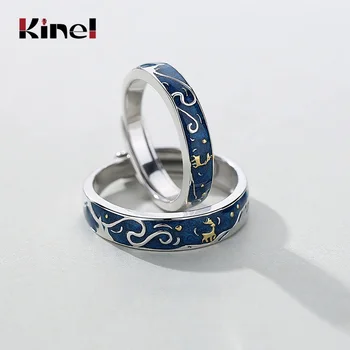 

Kine Enamel Couple Rings Elk Sky Moon 925 Sterling Silver Genuine Engagement Ring Wedding Jewelry for Women