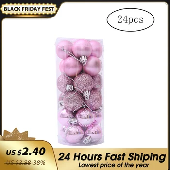 

1box(24pcs) Multi Usage Christmas Balls with String Practical Plastic Ball Ornaments Shatterproof Xmas Tree Balls Pink