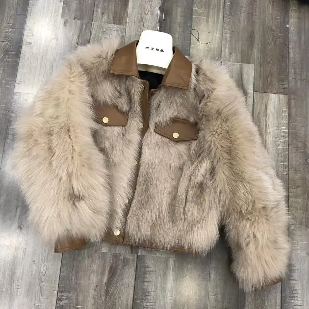 Khaki Шуба из натурального Лисьего меха для женщин зима модный стиль натуральная овечья кожа пальто - Color: Khaki
