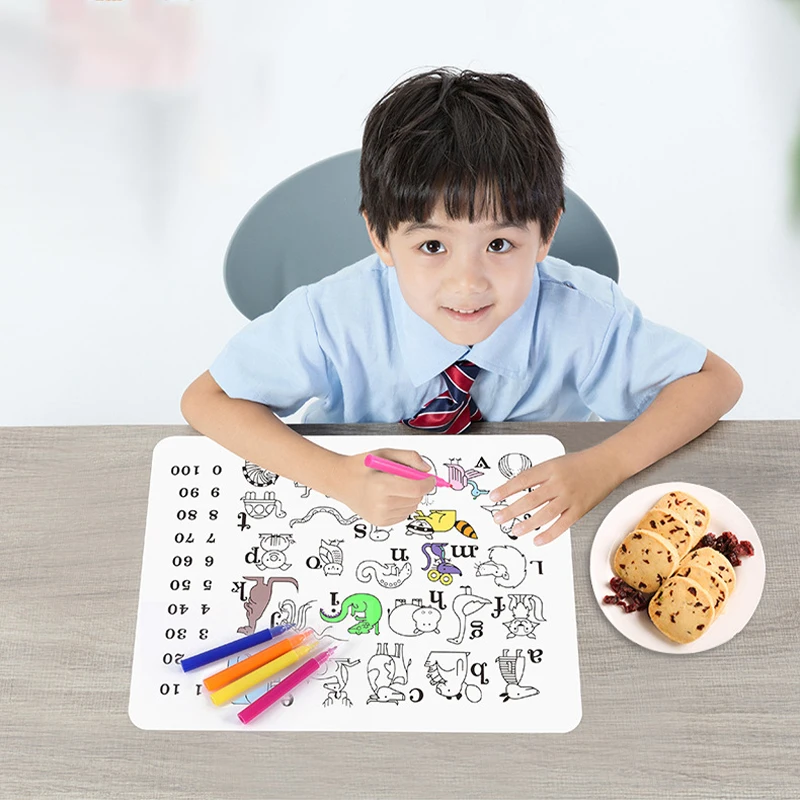 Reusable Graffiti Silicone Placemat Washable Drawing Mat Colouring Alphabet Number Dining Table Mats Baby Learning Silicone Pad