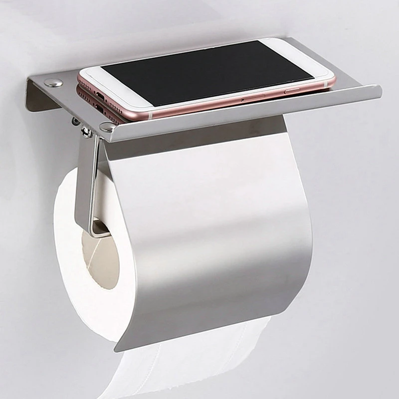 Modern Stainless Steel Wall Mount Toilet Paper Holder with Phone Shelf Roll Paper Holder Bathroom Fixture Bathroom