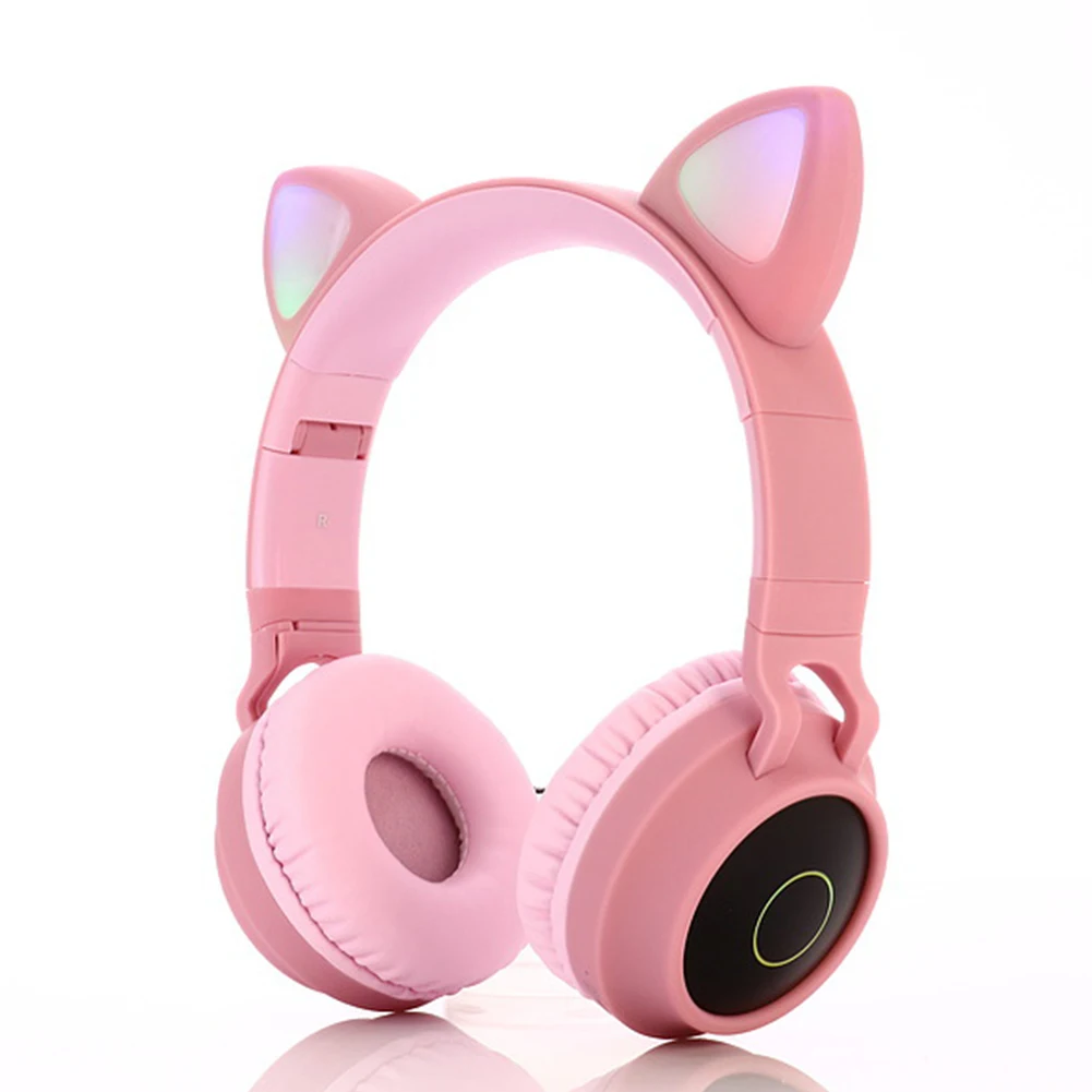 Bluetooth 5,0, 7 цветов, меняющиеся девушки, беспроводные наушники, милые, USB, перезаряжаемый, кошачьи ушки, светодиодный, светящийся, ПК, складной, для смартфона, музыки - Цвет: Розовый