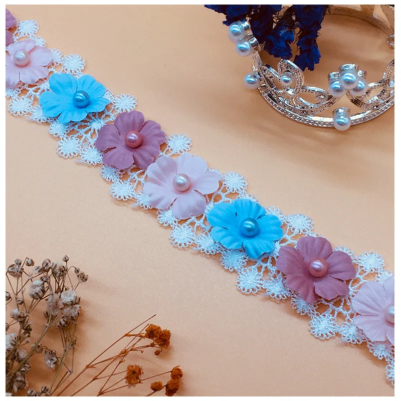

14Yards Polyester Pearl Flower Colorful Embroidered Lace Trim Ribbon Fabric Handmade DIY Garment Wedding Dress Sewing Craft 35mm