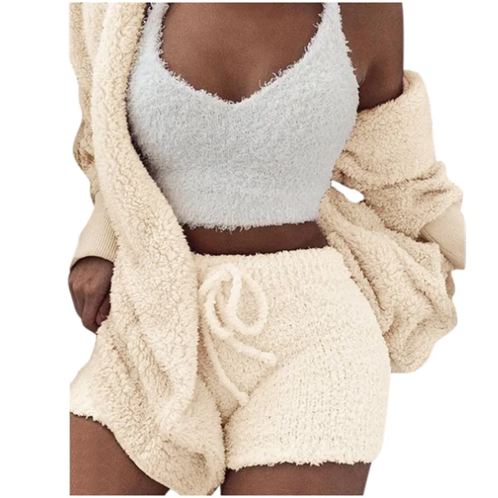 Fuzzy Beige Sexy Two Piece Set Club Birthday Outfits for Women Sweater and Short Pants Matching Sets Fall 2 Pieces 10.15