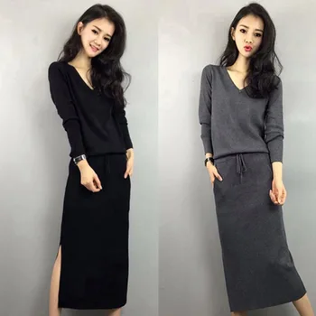 

Autumn Clothes Long Sleeve Slim Fit Slim Autumn Knitting Medium Length Money Dress Female 8762#