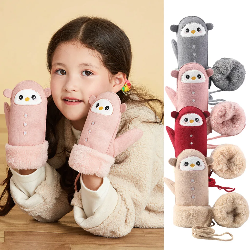 Children's autumn and winter outdoor ligature plus velvet warm hanging neck gloves thick windproof gloves перчатки детские 40