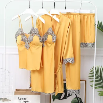 

SIMISI Women's Pajamas Set 5 Pcs Faux Silk Solid Lace Sexy Sleepwear Full Spaghetti Strap Full Length Robe Sets Home Clothes