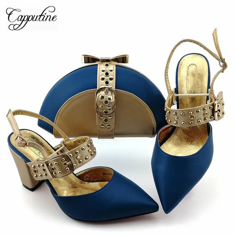 

Charming party set royal blue spring/autumn shoes matching with evening handbag sets for lady MM1092, heel height 9cm