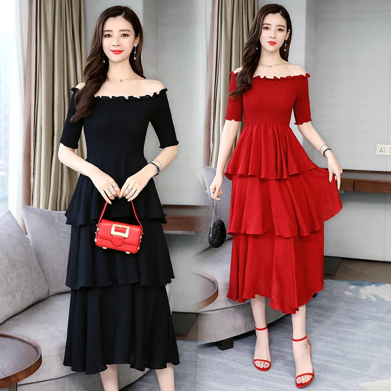 

Horizontal Neck off-Shoulder Solid Color Dress Women's 2019 Summer New Style Korean-style Waist Hugging over-the-Knee Long Cake