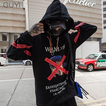 

Letter Ribbons Sticker Print Casual Hip Hop Hoodies Sweatshirts For Men Hooded Male Streetwear Pullover Vetements Outerwear Coat