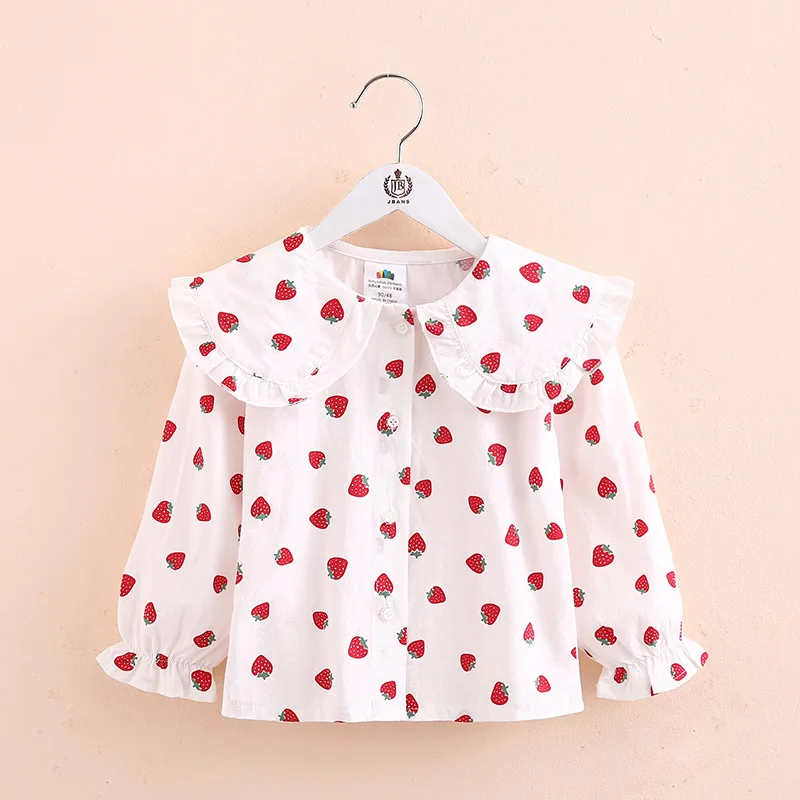 Spring Autumn 2 3 4 6 10Years Toddler Kids Fashion Big Turn Down Collar Full Print Tops Baby Girls Long Sleeve Blouse Shirt