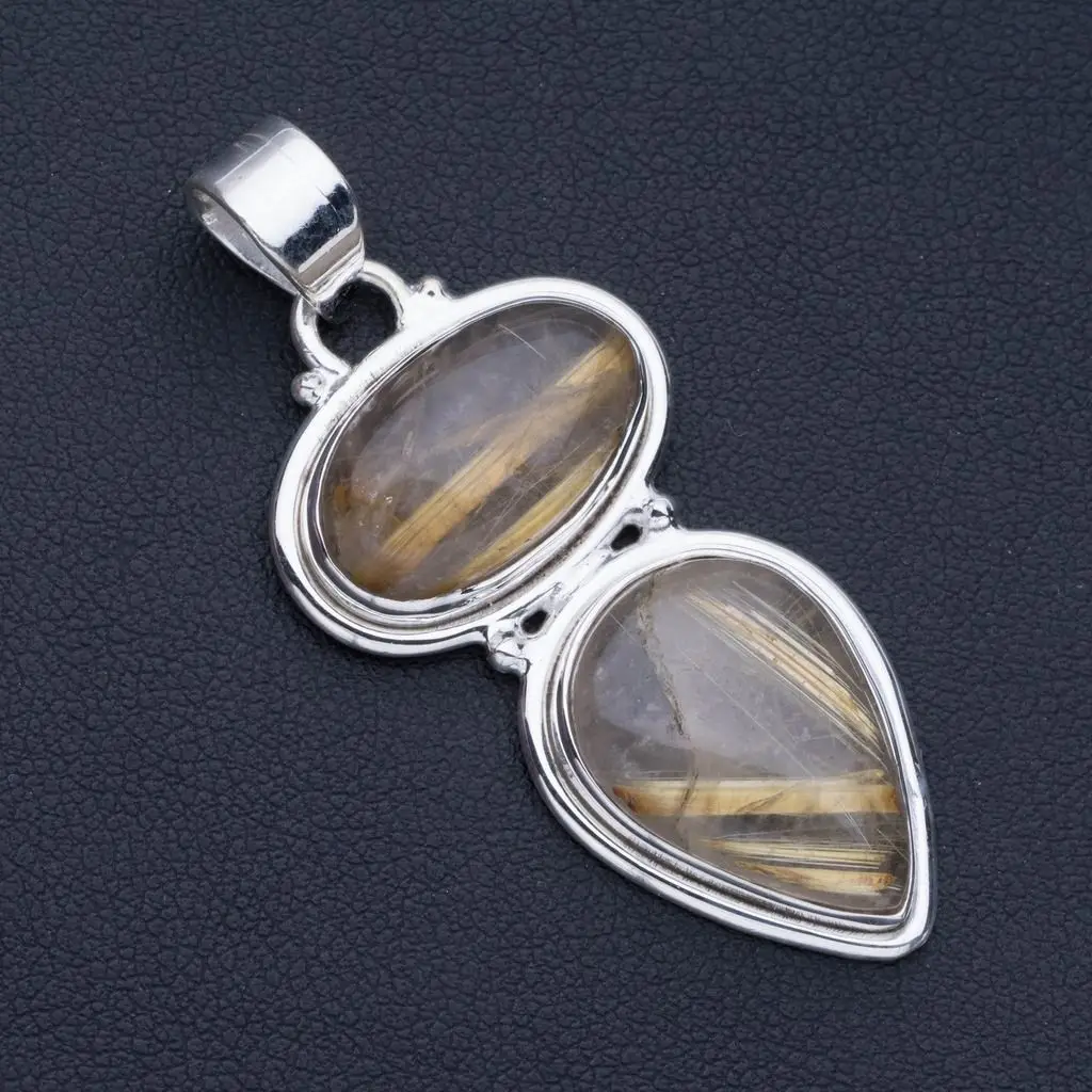 

Natural Golden Rutilated Quartz Punk Style 925 Sterling Silver Pendant 2" P0716