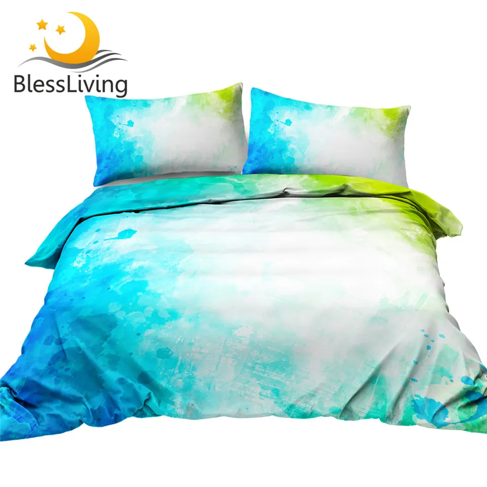 

BlessLiving Watercolor Bedding Set Blue Green White Duvet Cover Set Abstract Art Quilt Cover With Pillowcases Bedspreads 3-Piece