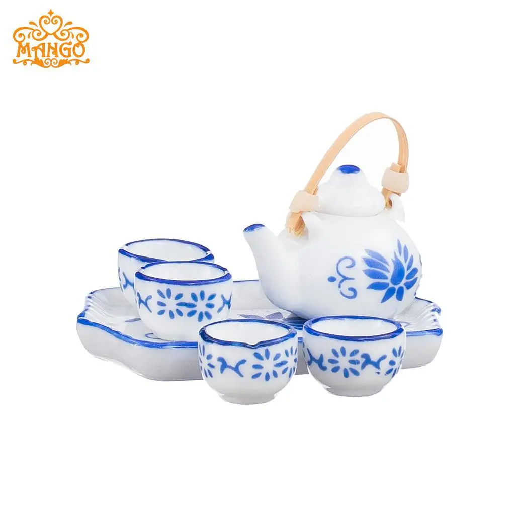 

1:12 Doll House DIY Hut Ceramic Tableware Accessories Blue Chinese Style Tea Pot Tea Set Wine Set Delicacy