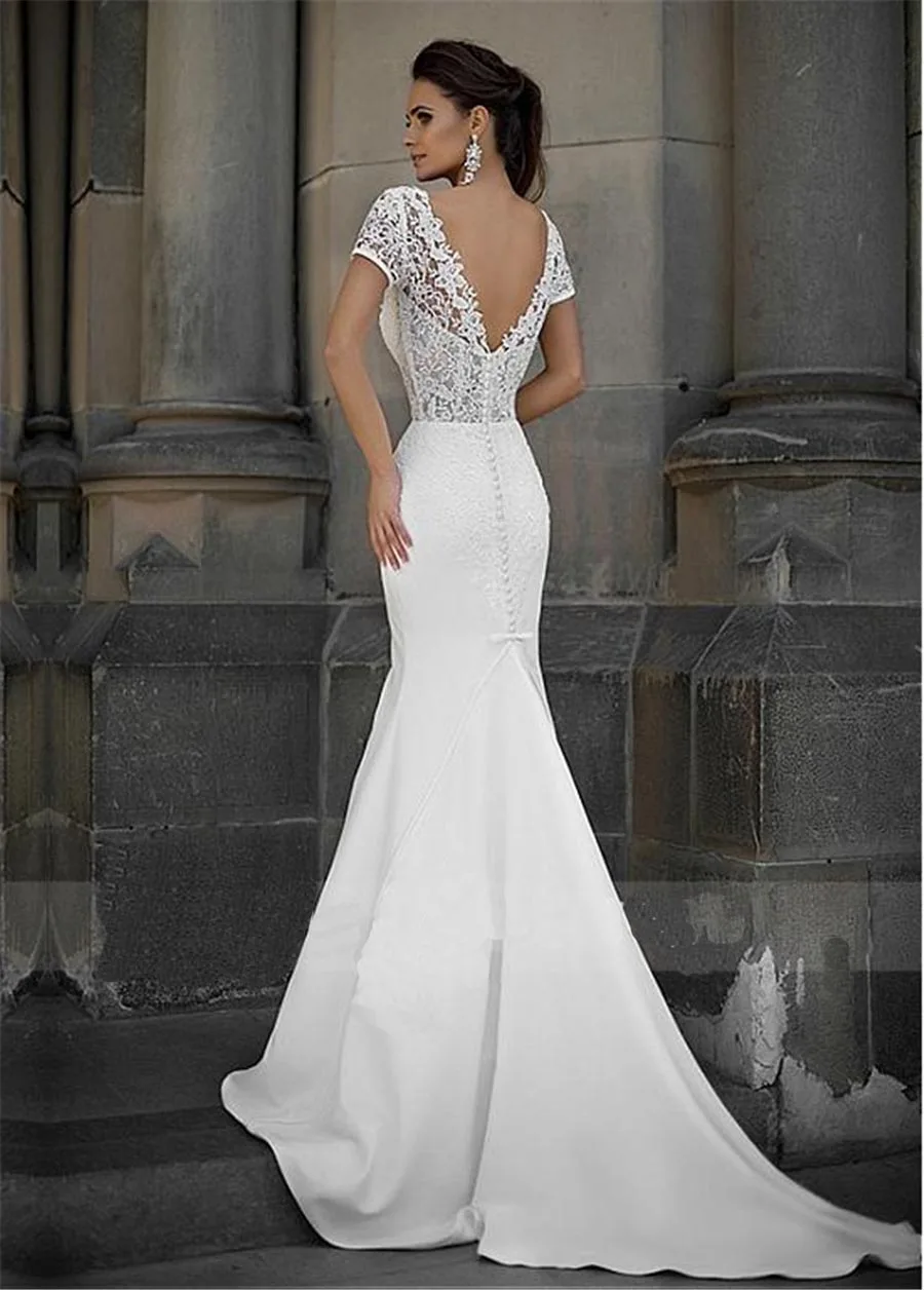 Vestido Novia/кружевное атласное свадебное платье с короткими рукавами и v-образным вырезом и поясом для невесты