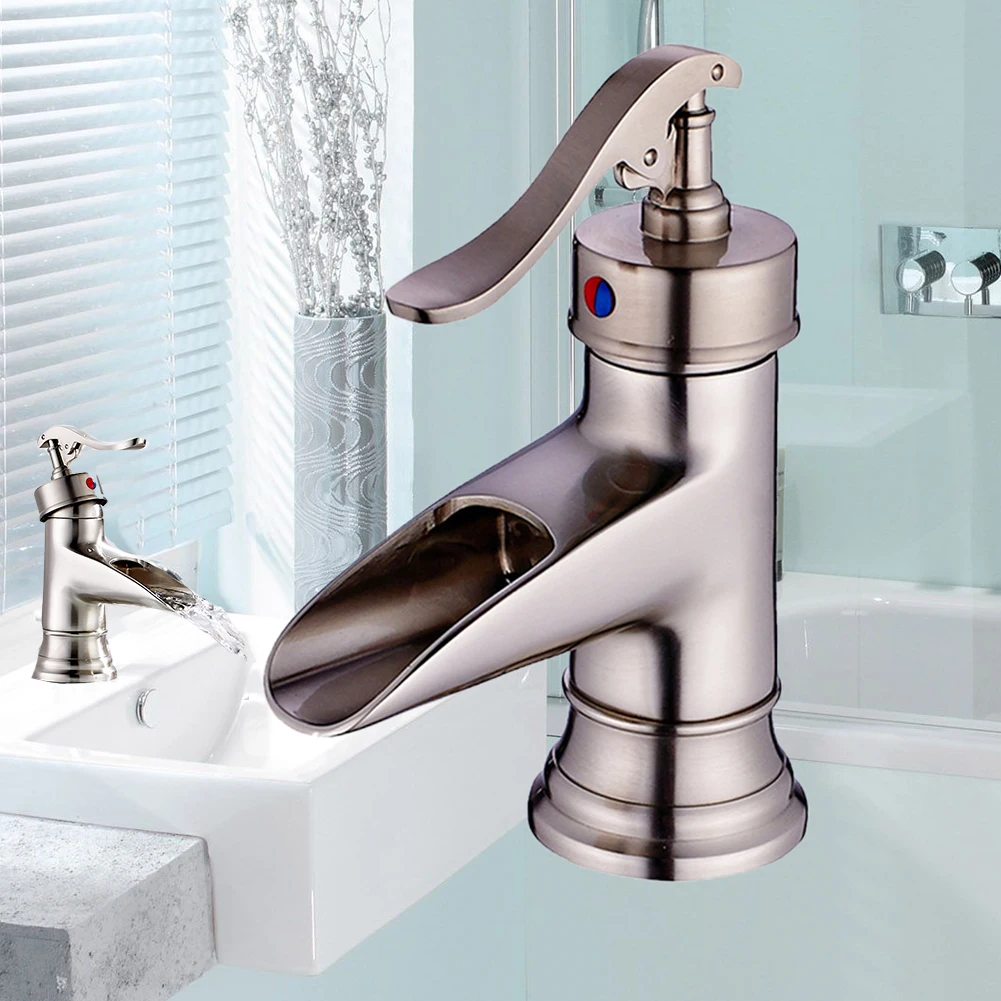 

Adjustable Waterfall Copper Sink Faucet Bathroom Basin Deck Mount Mixer Tap Single Handle Hole Silver Kitchen Home Easy Install