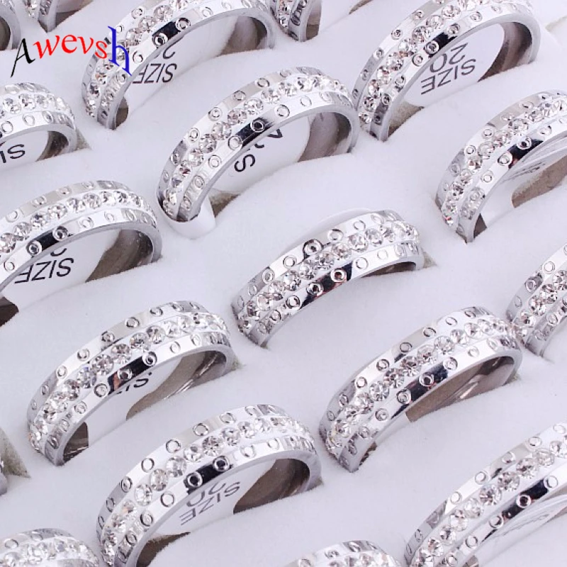 Awevsh 20pcs Women Fashion single row crystal rings for women Ring Anillo Mujer Bague Crystal Stainless Steel Rings Jewelry | Украшения и