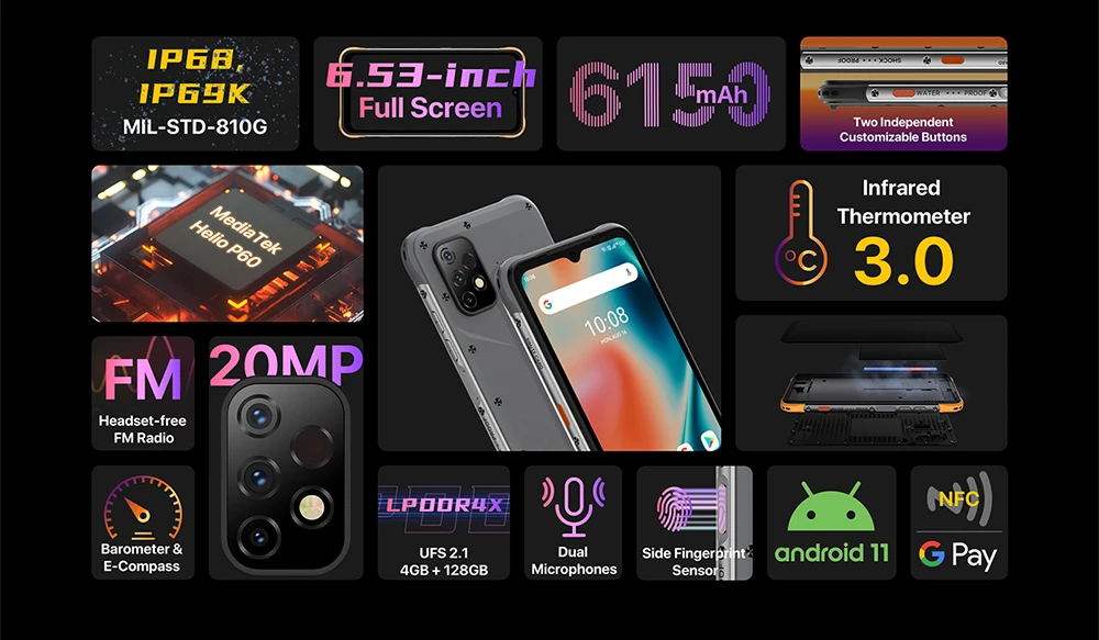 NFC Global Version UMIDIGI BISON X10 Pro 6GB+128GB Smartphone 6.53" HD+ Display IP68 Helio P60 20MP Triple Camera 6150mAh best poco camera phone