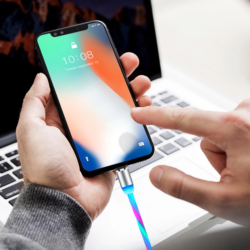 100 см, 3 в 1, магнитный кабель, зарядное устройство для iphone, светодиодный, течёт, Micro usb type C, зарядный кабель для iphone, кабель для Android, магнитная зарядка