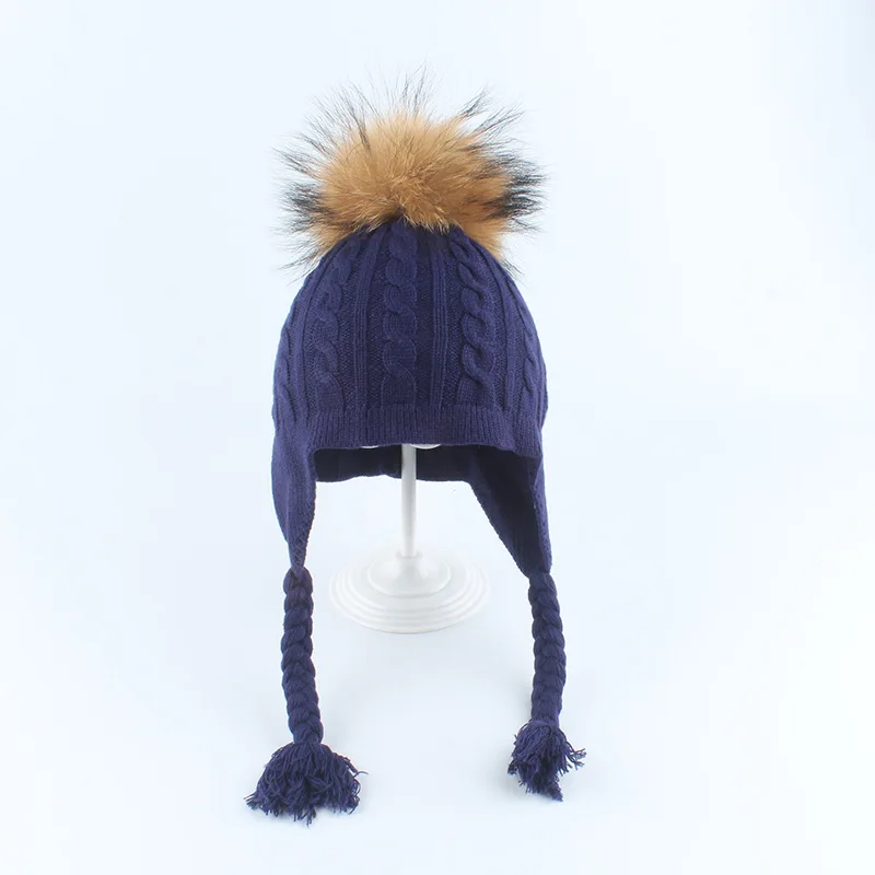 dark blue Зимняя шапка для мальчиков и девочек, ангора, Осенние шапочки с наушниками, настоящий помпон из меха енота, теплые зимние лыжные принадлежности для малышей - Цвет: dark blue