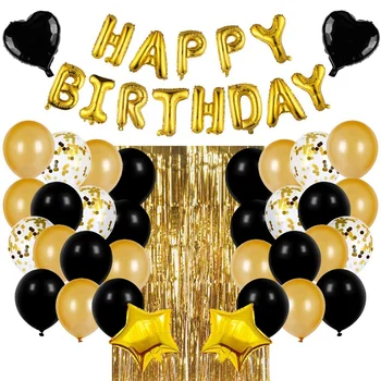 

Black and Gold Birthday Party Decorations Set with Happy Birthday Balloons Banner, Confetti Balloons,Foil Fringe Curtain