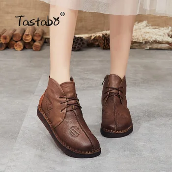 

Tastabo Shoes Women Winter Boots Handmade Ankle Boots Flat Boots Genuine Leather Footwear Women Shoes Plus Size 42 43 Warm Boots