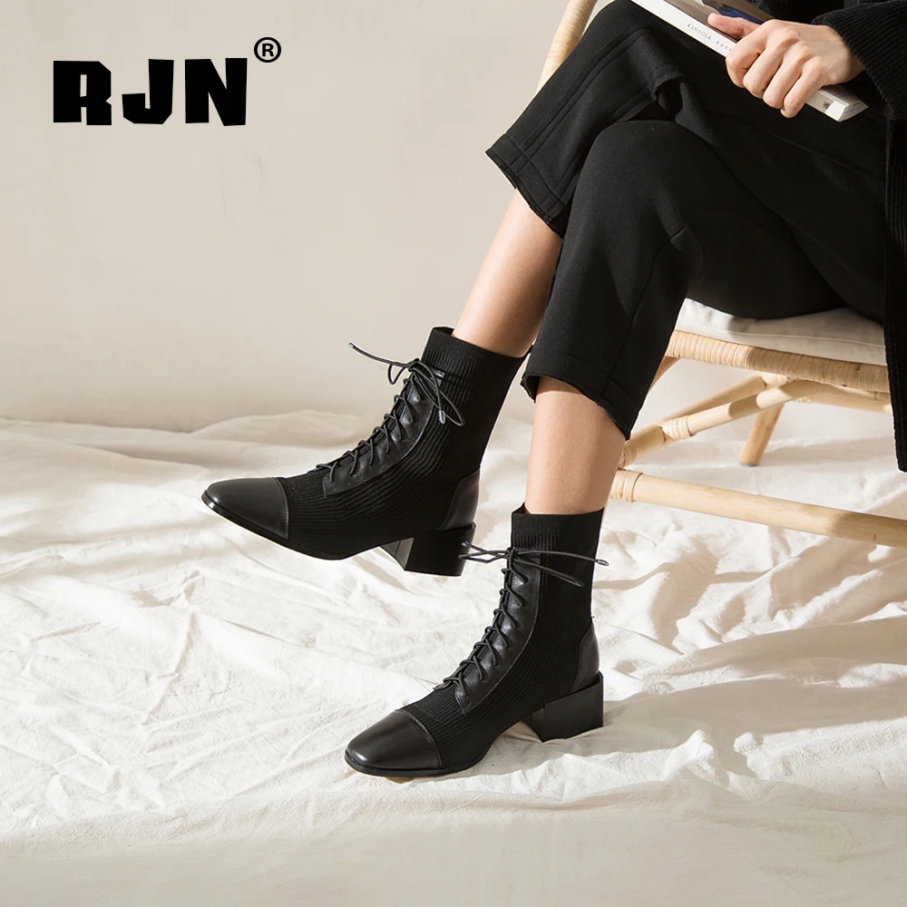 

RJN Elegant Ladies Boots Cow Leather Knitting Comfortable Slip-On Square Toe Med Heel Lace-Up Decoration Women Ankle Boots RO41