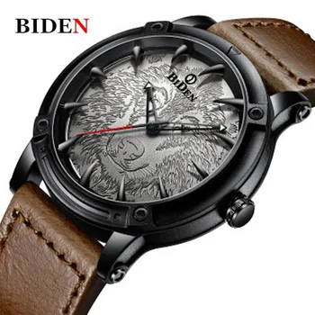 

High Quality BIDEN Quartz Watch 2019 Sport Vintage Men Personality Wristwatch 30M Waterproof For Husband Gift Wolf Face Watch