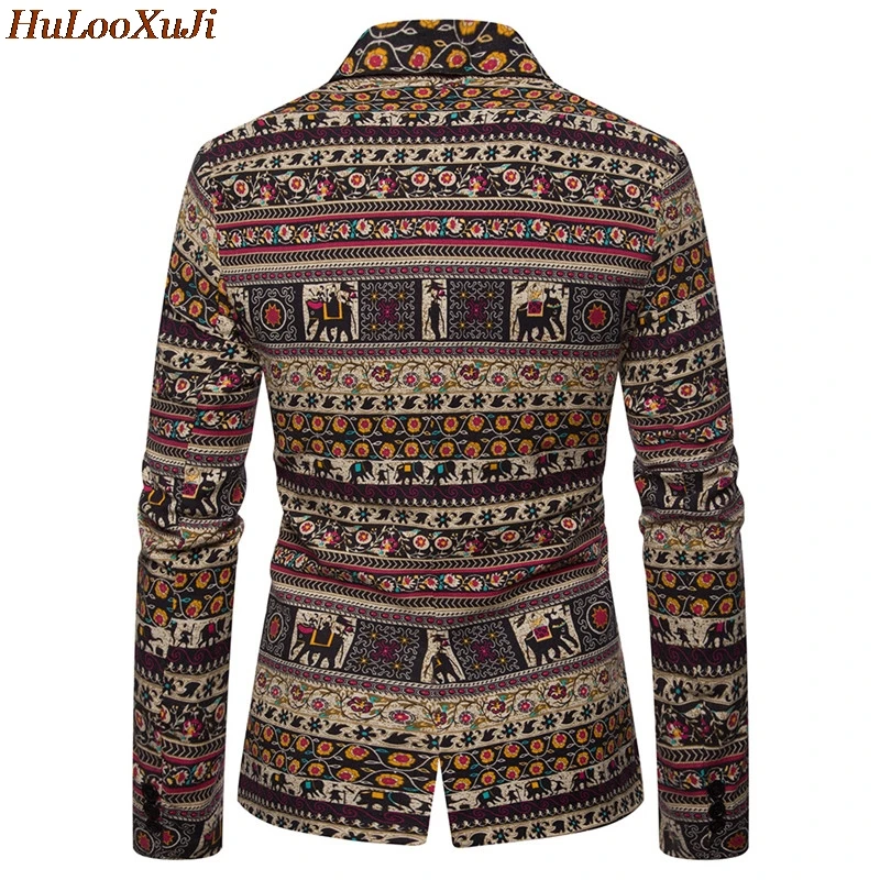 HuLooXuJi Men Plus Size Suits Retro Casual Printed Cotton Linen Nightclub Party Dress Jacket Hawaiian Holiday Suits US Size:M-4L