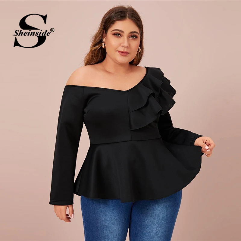 

Sheinside Plus Size One Shoulder Ruffle Detail Trim Blouse Women 2020 Spring Ruffle Hem Blouses Ladies Elegant Black Top