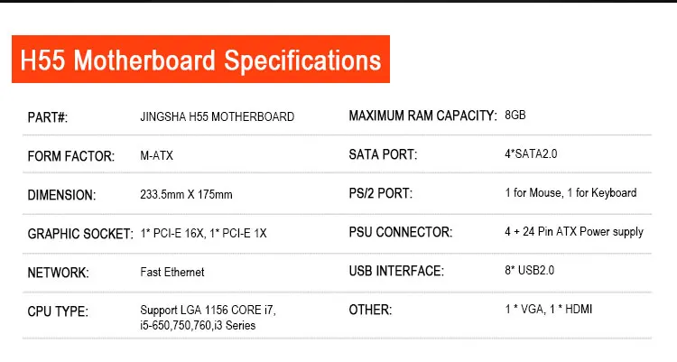 H55 LGA 1156 материнская плата разъем LGA 1156 Mini ATX Настольный образ USB2.0 SATA2.0 двухканальный 16G DDR3 1600 для Intel